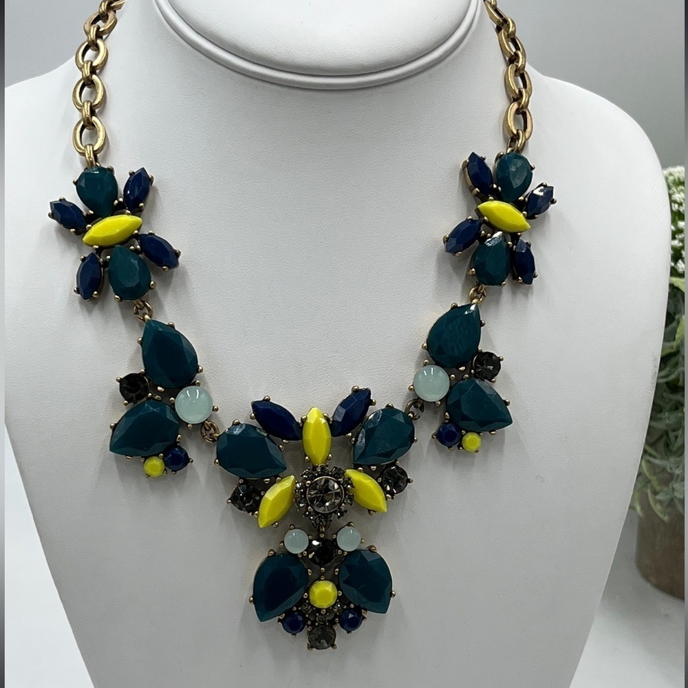 J. Crew Crystal Floral Teal Indigo Yellow‎ Multi-Color Statement Bib Necklace